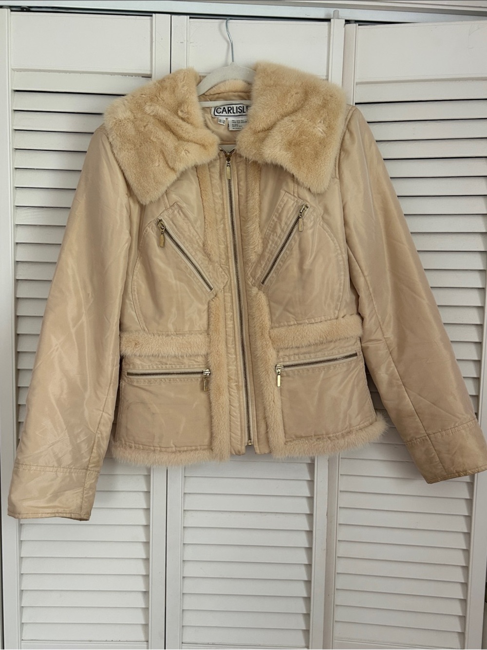Carlisle ivory // Beige Teddy Fur Trim Zip Jacket
